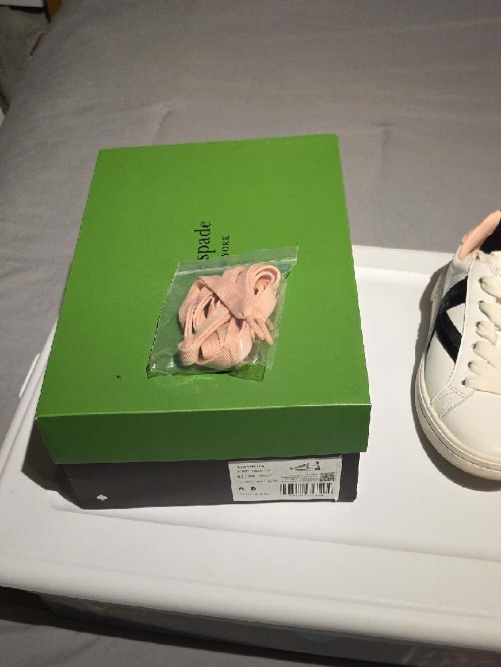 kate spade White Leather Sneakers with Black Side Stripe and Blush Lining - Picture 14 of 15